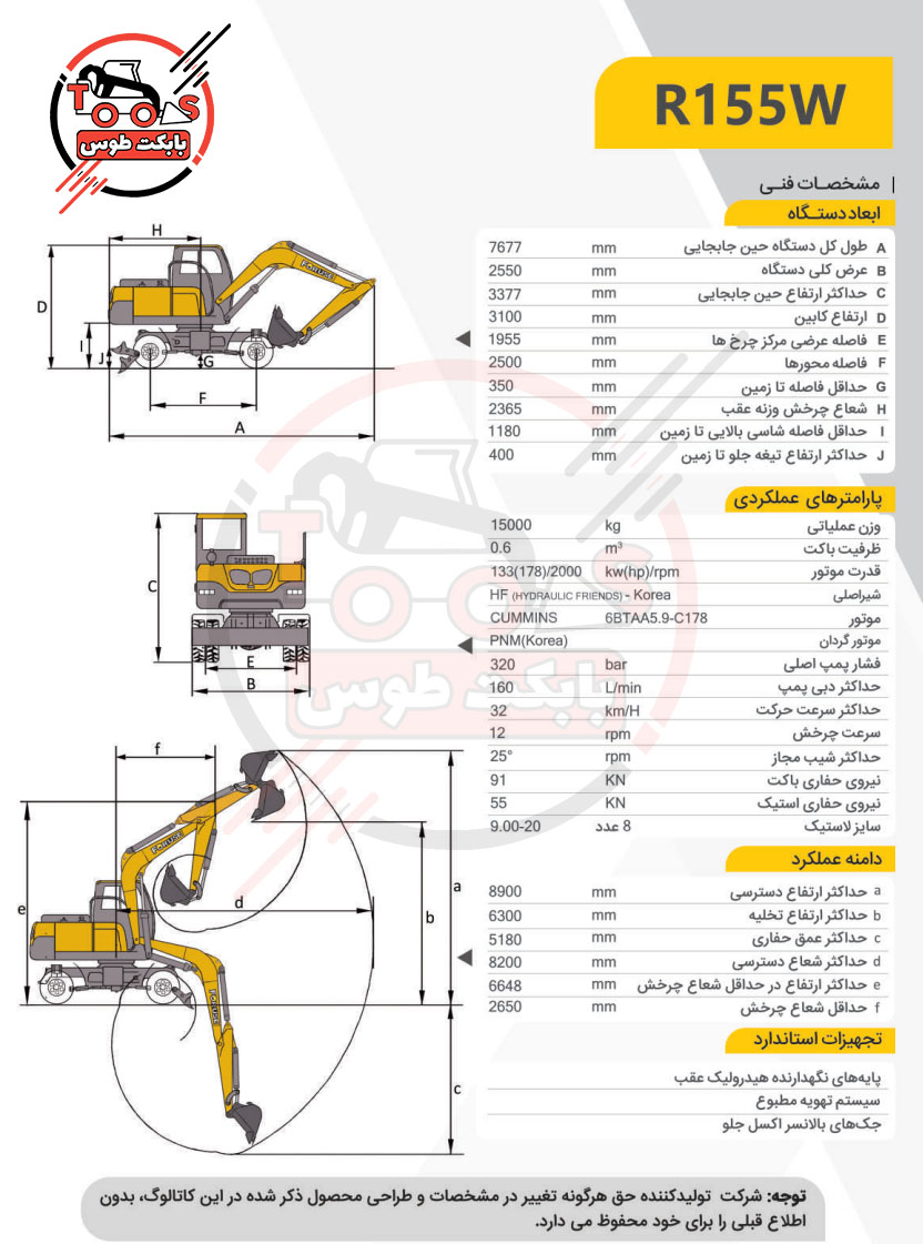بیل مکانیکی چرخ لاستیکی فوریوز مدل R155W - کارایی بالا، دوام طولانی و قدرت بی نظیر کاتالوگ بیل مکانیکی فوریوز R155
